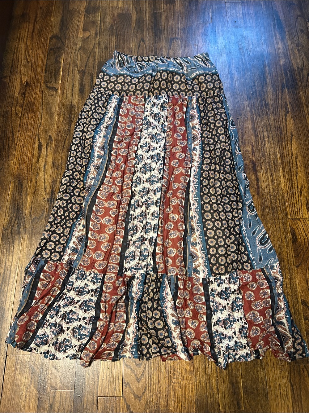 Forever 21 Mixed Print Boho Maxi Skirt in Rust, Blue & Black
